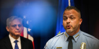 Attorney General Merrick Garland with Minneapolis Police Chief Brian O'Hara addressing the findings of a Justice Department investigation into the Minneapolis Police Department during a press conference in Minneapolis, on June 16, 2023. 