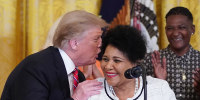 President Donald Turmp with Alice Marie Johnson during a celebration of the First Step Act in the White House on April 1, 2019.